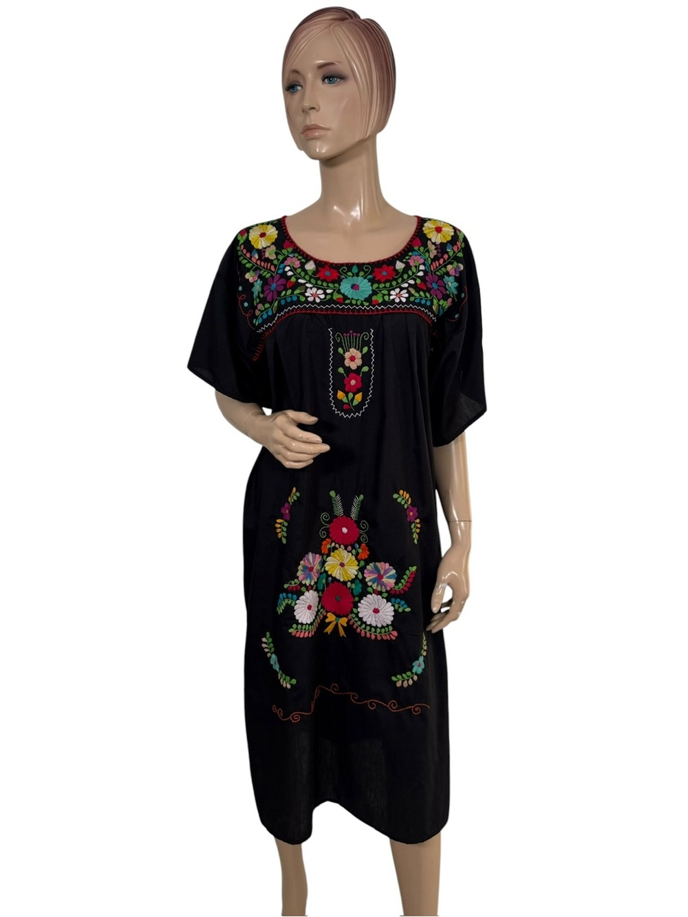 Mexican Embroidered Black Floral Midi Dress One Size